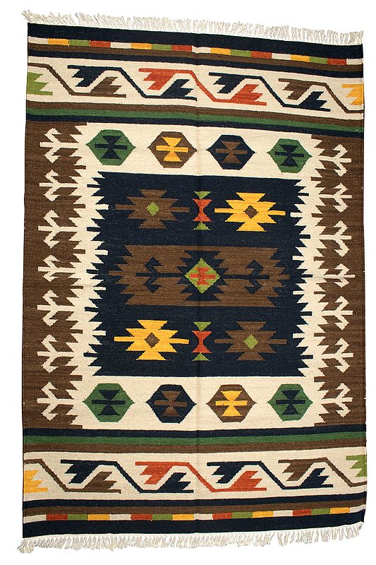 Raw-Amber Handloom Dhurrie from Sitapur with Woven Kilim Motifs