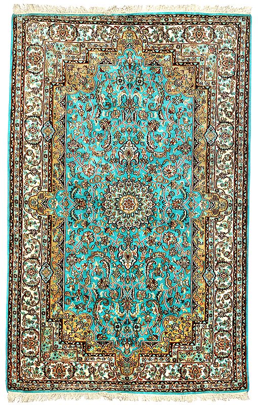 Blue-Mist Handloom Carpet from Kashmir with Knotted Flowers