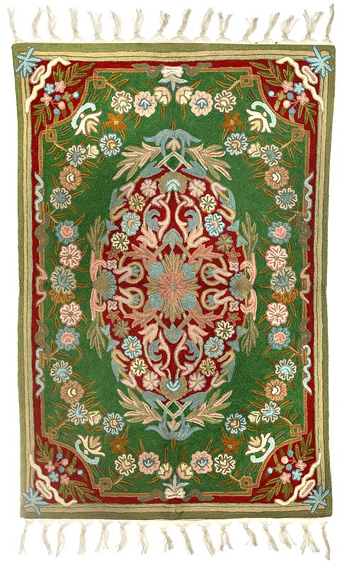 Banana-Crepe Carpet from Kashmir with Ari-Embroidered Flowers in Multicolor Thread