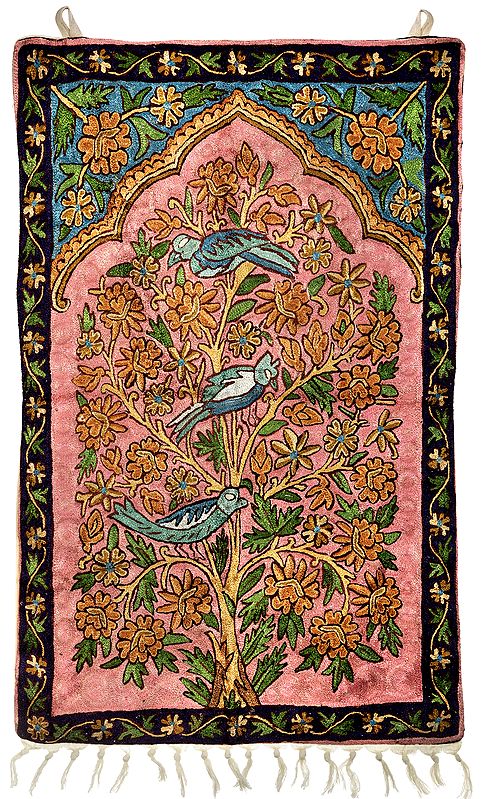 Multicolor Wall Hanging cum Carpet with Ari-Embroidered Florals and Parrots