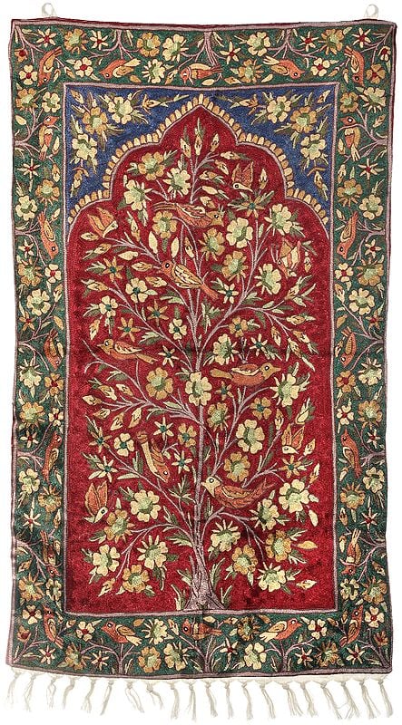 Ivory Wall-Hanging cum Carpet from Kashmir with Multicolor Thread Embroidered Sparrows and Butterflies
