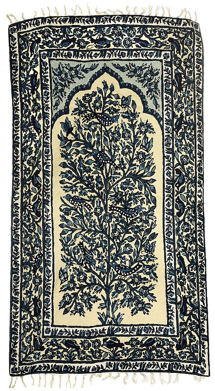 Ivory Floral Carpet from Kashmir with Multicolor Thread Embroidered Sparrows and Butterflies