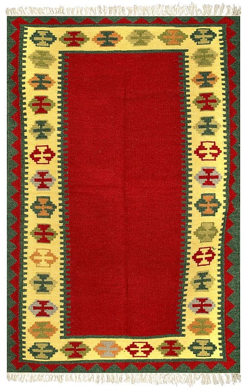 Rococco-Red Handloom Dhurrie from Sitapur with Kilim Weave Border