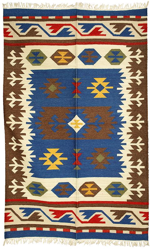 Butternut and Blue Handloom Dhurrie from Sitapur with Woven Kilim Motifs