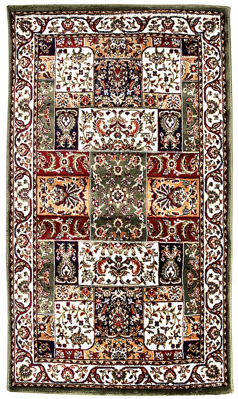 Oil-Green Carpet from Bhadohi with Knotted Persian Motifs