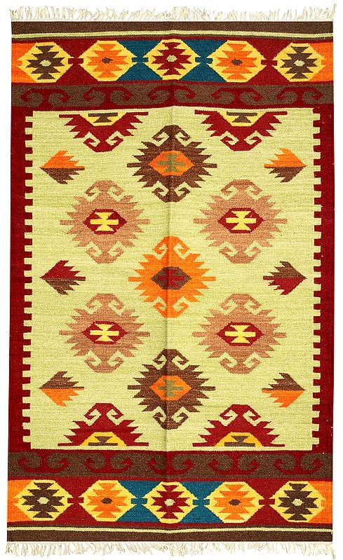 Maroon and Citron Kilim Dhurrie from Sitapur with Woven Multicolor Motifs