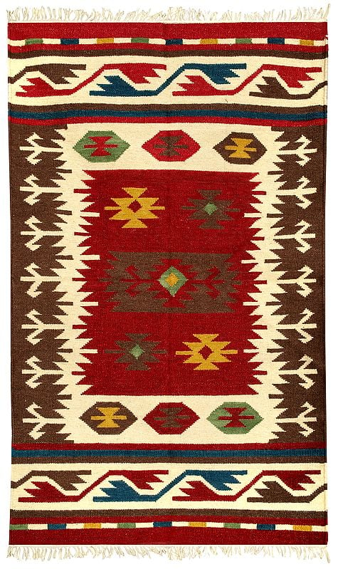 Brown and Red Handloom Dhurrie from Sitapur with Kilim-Woven Motifs