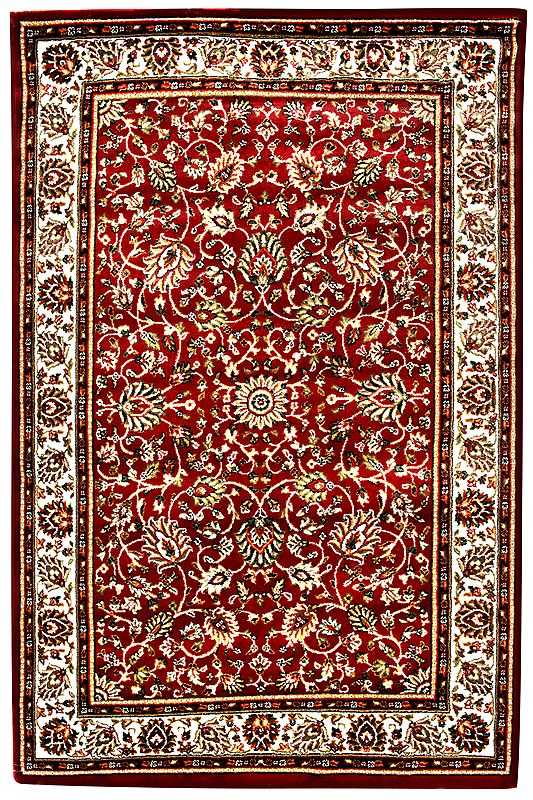 Cerise Handloom Dhurrie From Bhadohi with Knotted Mughal Design