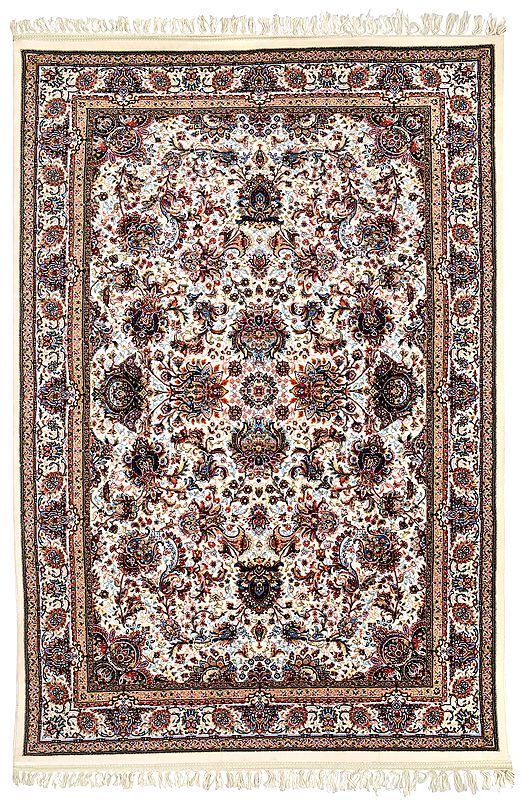 Papaya-Whip Handloom  Carpet from Mirzapur with  Hand-Knotted Mughal Design