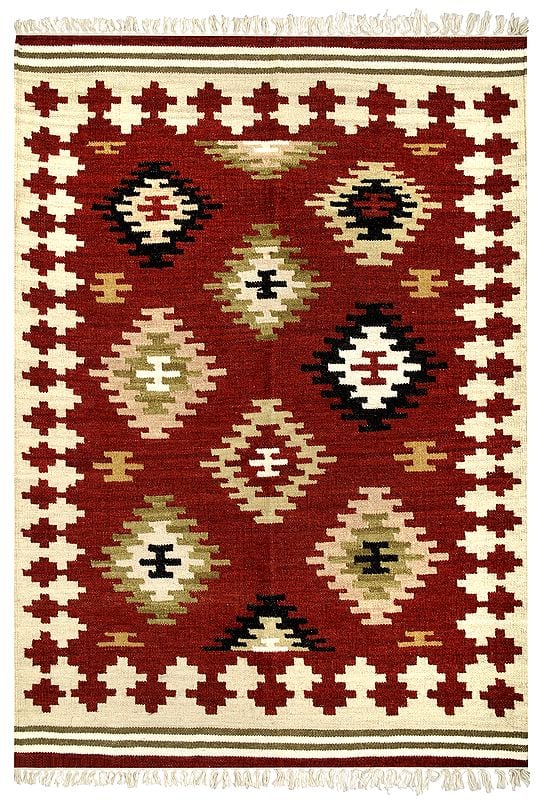 Burnt-Henna Handloom Dhurrie from Sitapur with Woven Kilim Motifs All-Over
