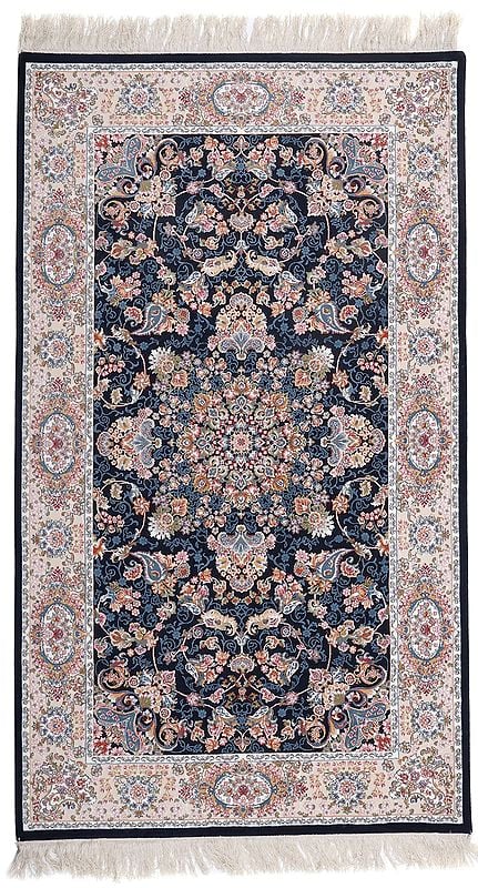 Midnight Handloom Carpet from Bhadohi with Floral Motifs