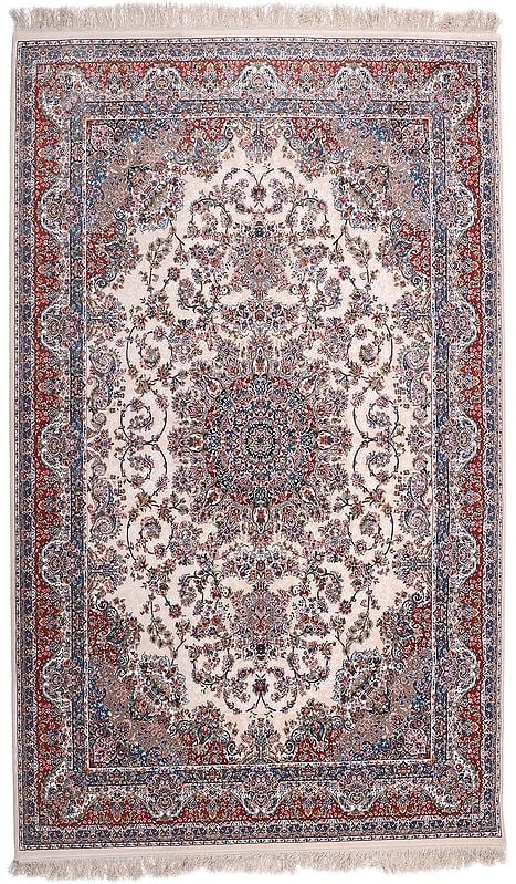 Pearled Ivory Carpet from Bhadohi with Persian Motifs