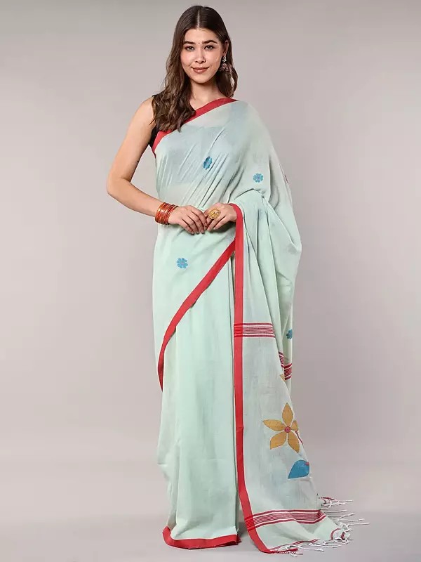 Green-Tint Pure Cotton Saree with Woven Bootis and Flowers on Pallu from Bengal
