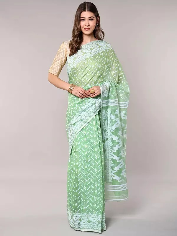 Light Green Cotton Jamdani Saree with Intricate Woven Patterns