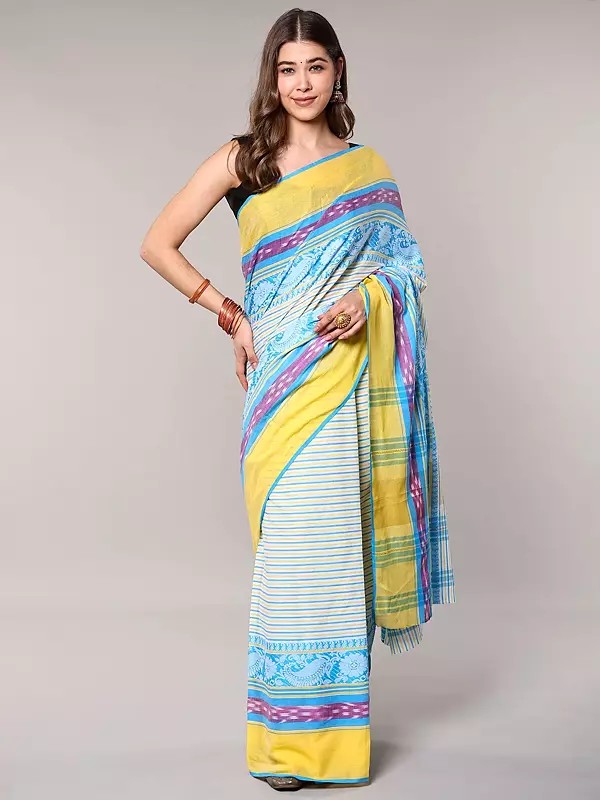 Multi Stripes Cotton Saree from Bengal with Woven Floral Border