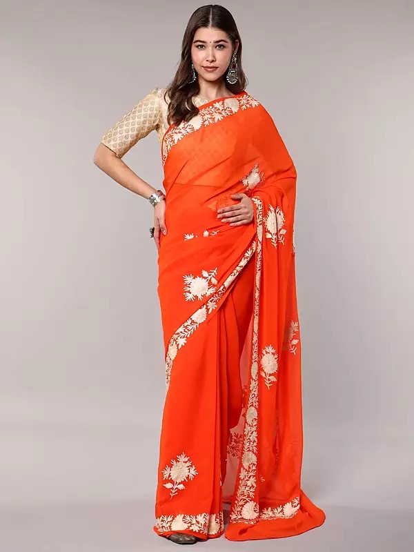 Orange Georgette Saree with Aari Embroidered Flowers