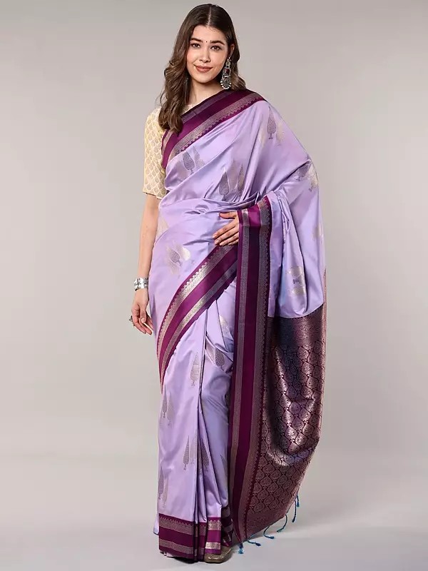 Lavender-Frost Saree with Zari Woven Coniferous Trees Motifs and Contrast Border from Bangalore