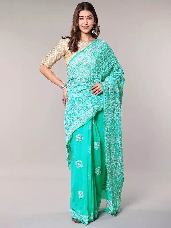 Lucknow Chikankari Georgette Saree: Aqua-Green with Detailed Paisley & Floral Embroidery