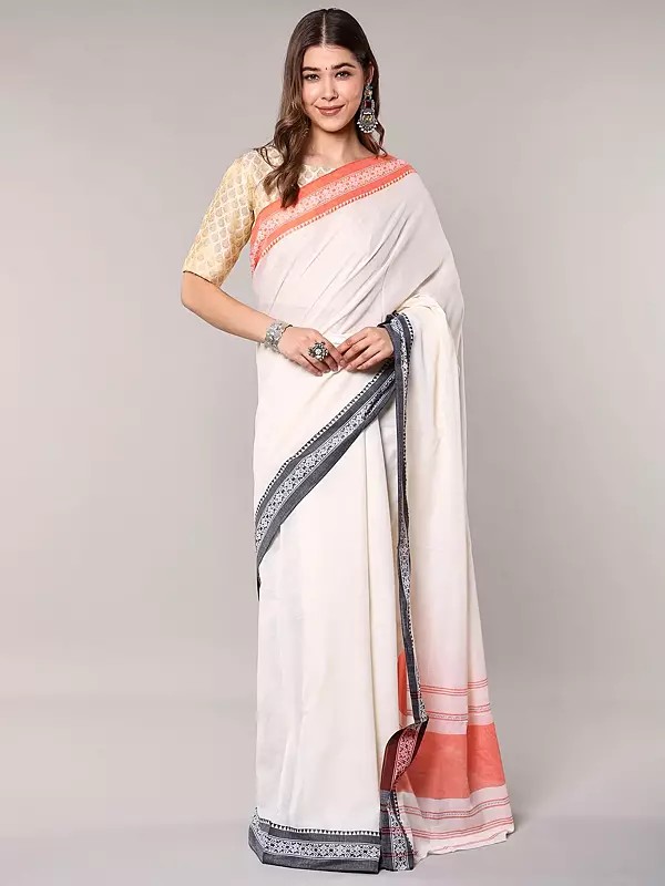 Traditional White Cotton Saree with Contrast Temple Border