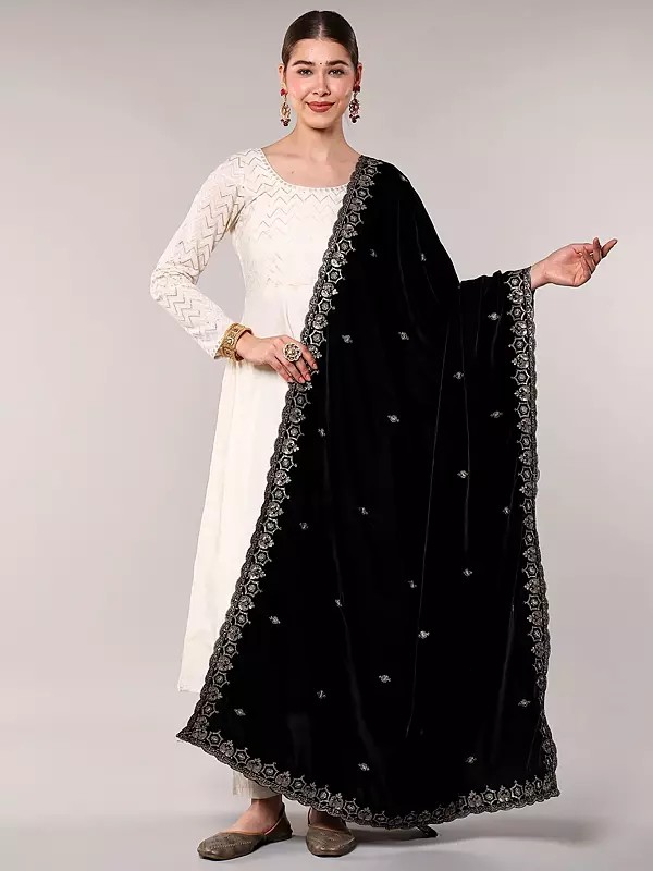 Velvet Dupatta with Golden Thread Embroidered Bootis and Scalloped Border
