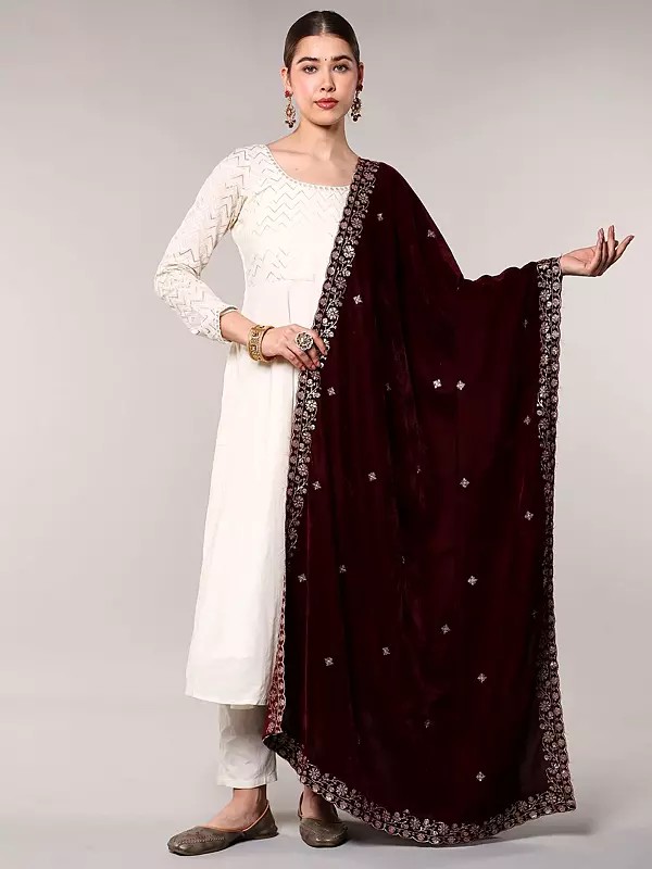 Velvet Dupatta with Intricate Zari Floral Border and Scattered Bootis