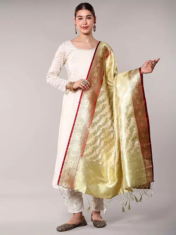 Cream Zari Woven Art Silk Dupatta with Floral Vines