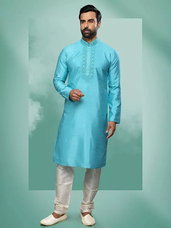 Men's Art Silk Blend Kurta Pajama Set with Embroidered on the Neck | Traditional Ethnic Wedding Wear