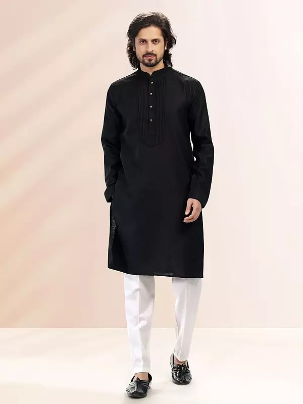 Premium Cotton Straight Kurta Pajama Set with Pintuck Design & Banarasi Art Silk Pant