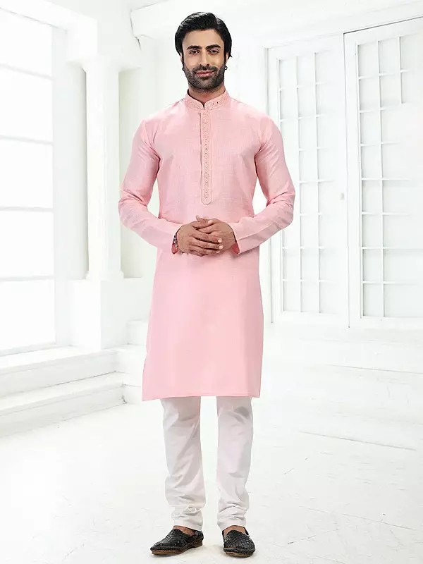 Men's Cotton Art Silk Kurta Pajama Set with Embroidered Neck – Ethnic Occasion Wear