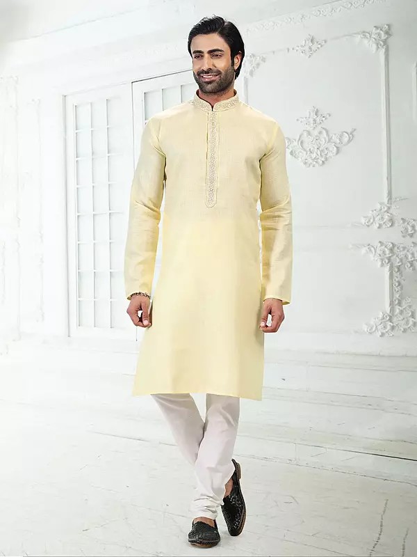 Men’s Cotton and Art Silk Kurta Pajama with Embroidered Placket on Neck – Festive & Party Wear Ethnic Set