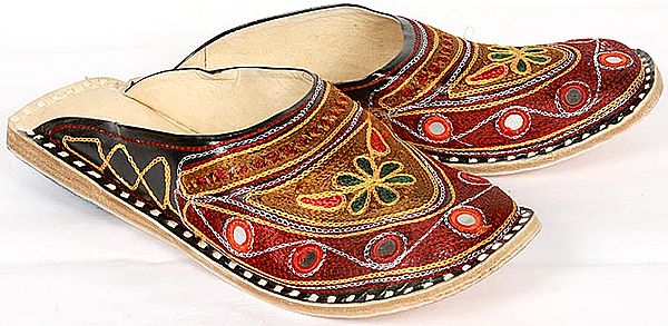 Hand-Embroidered Slippers with Mirror Work
