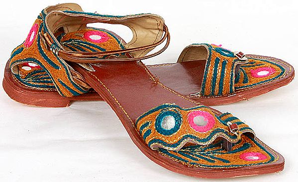 Tan Sandals with Threadwork and Mirrors