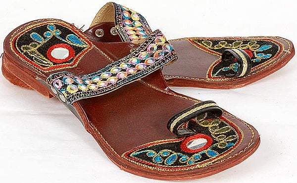 Cherry Embroidered Chappals with Mirrors