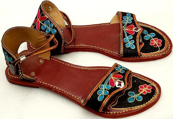 Flat Chappals with Floral Thread-Embroidery