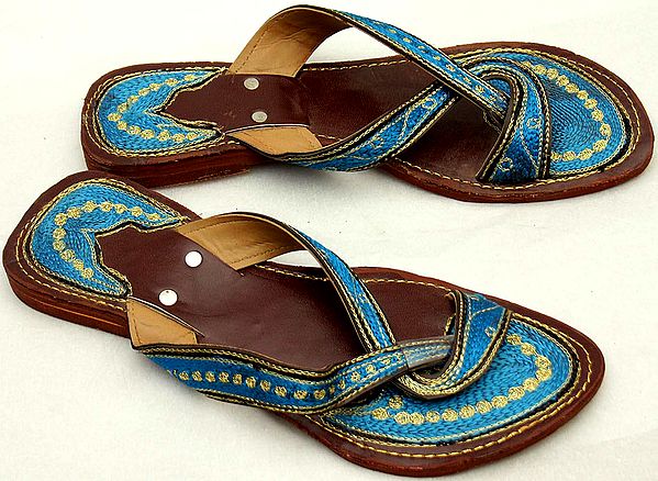 Turquoise Chappals with Thread-Embroidery
