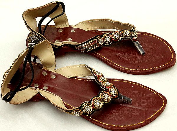 Brown Flat Sandals with Beadwork