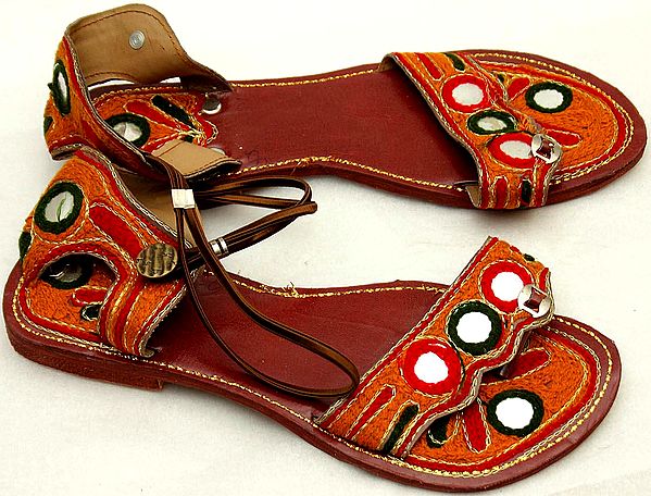 Multi-color Hand-Embroidered Sandals with Mirrors