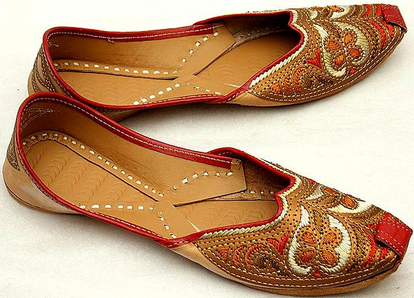 Brown and Golden Jootis with Embroidery and Stitchwork