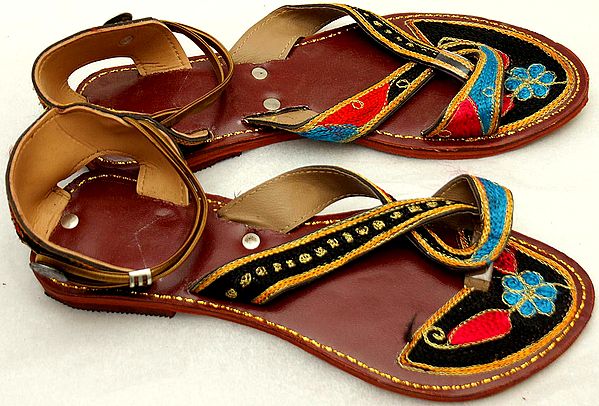 Black Sandals with Multi-color Threadwork