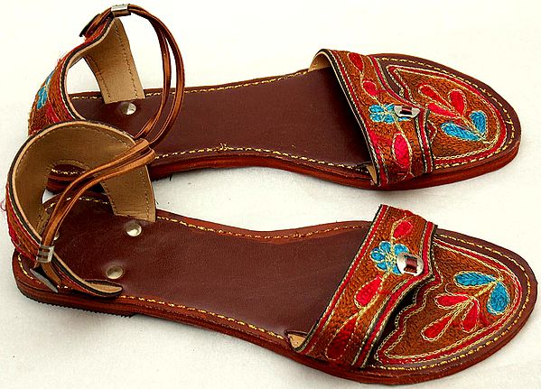 Brown Flat Chappals with Multi-color Thread Embroidery