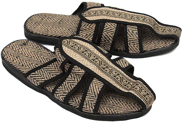 Black and Brown Sandals with Floral Motifs