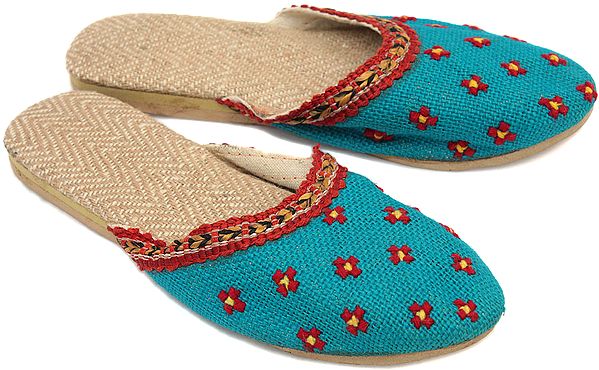 Turquoise-color Jute Slippers with Hand-Embroidered Motifs