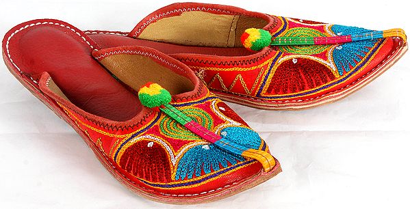 Scarlet Slippers with Thread-Embroidery
