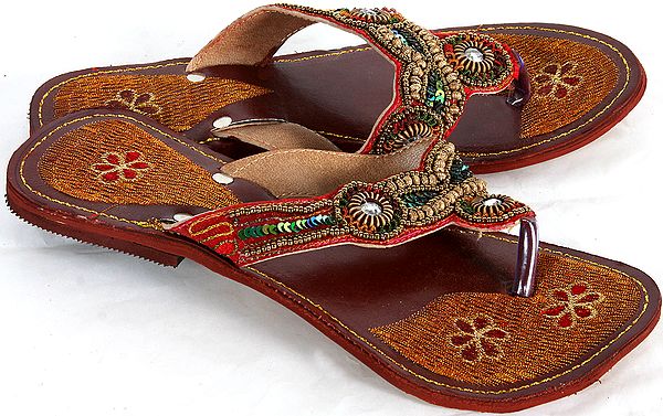 Dark-Maroon Sandals with Sequins and Beads