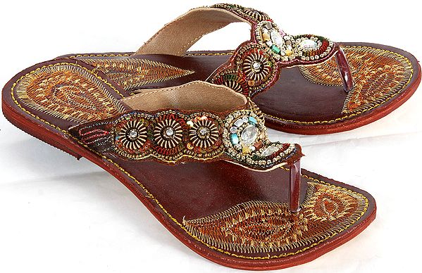 Biking-Red Embroidered Sandals with Beadwork