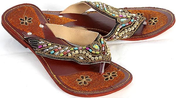 Fancy Chappals with Beadwork and Golden Embroidery