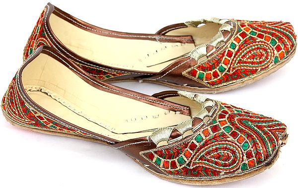 Brown Mojaris with Multi-color Embroidery and Paisley