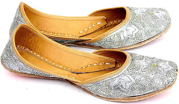 Silver-Color Mojaris with Embroidery