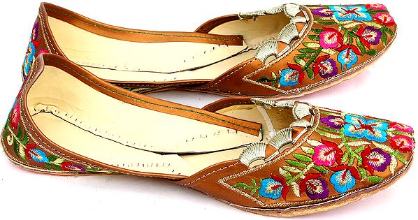 Brown-Color Jootis with Multi-Color Floral Embroidery