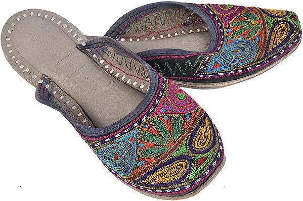 Black Phulkari Slippers with Multi-Colored Thread Embroidery